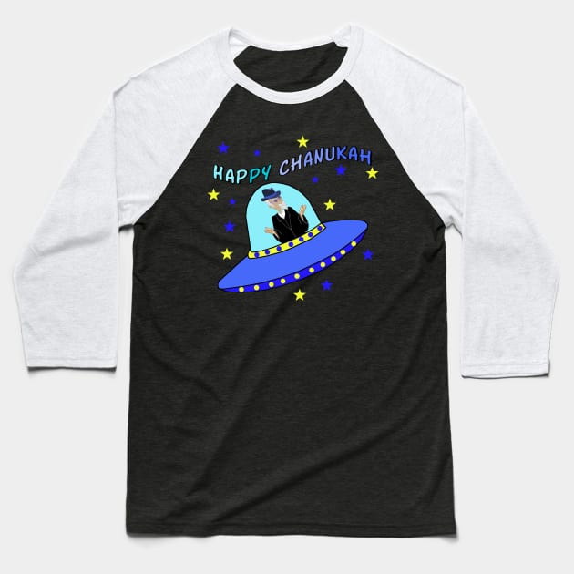 Happy Chanukah Flying Rabbi in Spaceship Baseball T-Shirt by Lynndarakos